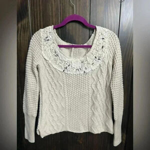 Free People Cropped Ivory Embellished Beaded Lace Wool Blend Sweater S/P